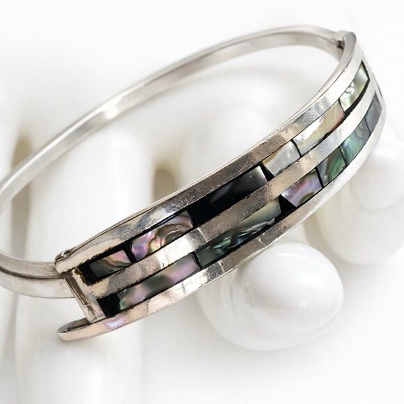 Vintage Taxco Mexico 925 Sterling Silver Abalone Bangle - Picture 4 of 13